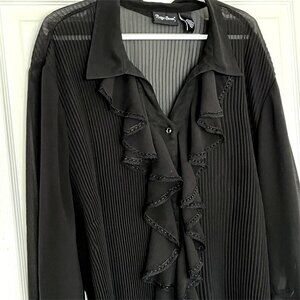 Maggie Barnes 3X Top 3/4 Sleeve Accordian Pleat Ruffled Sheer Black Whimsigoth